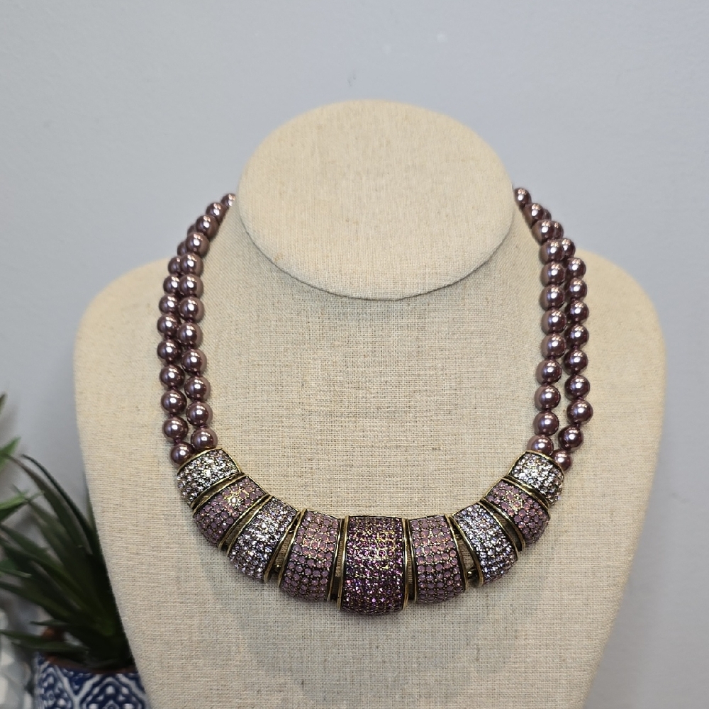 Heidi Daus - Vintage Glamorous Purple and Gold Crystal  & Faux Pearl Necklace